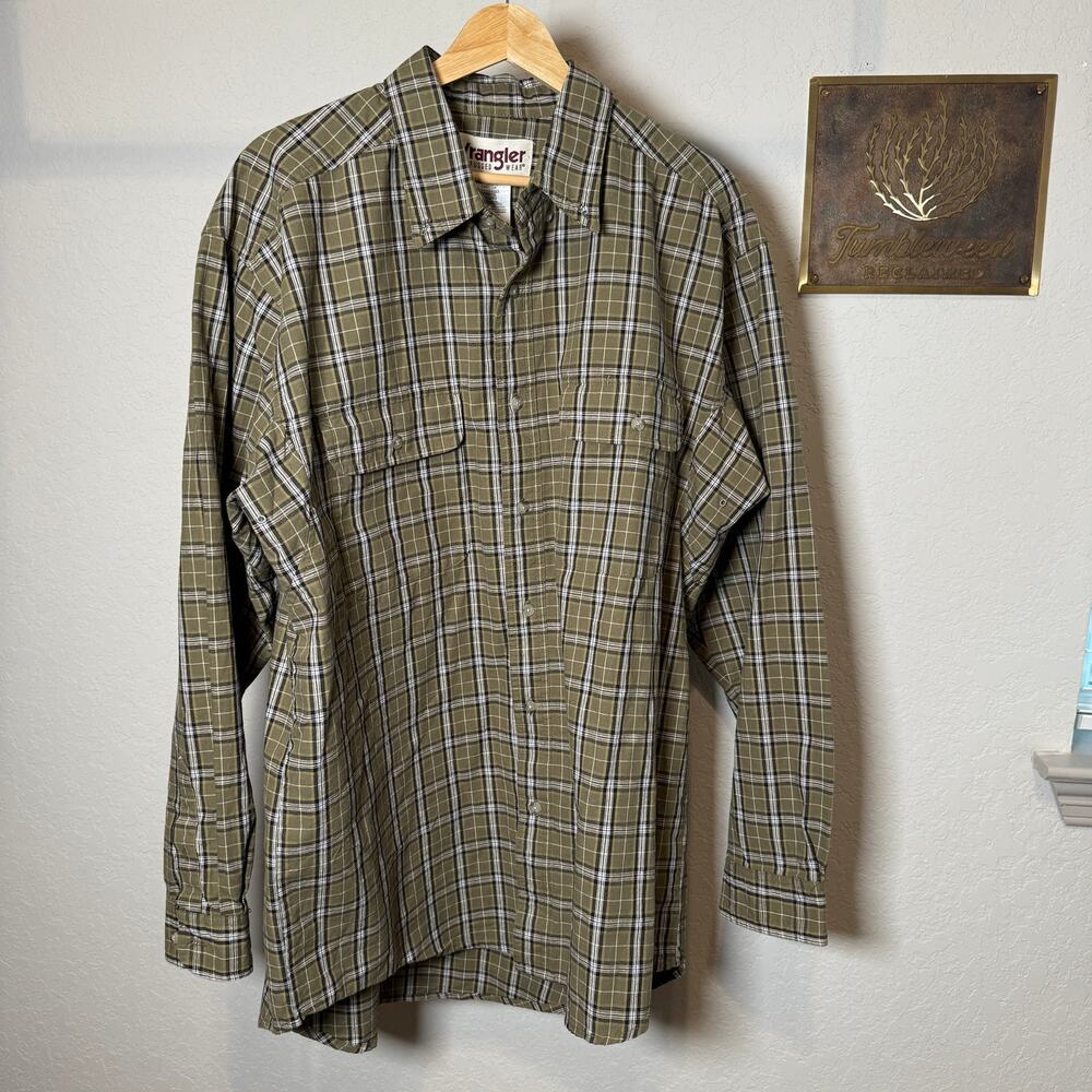 Men's Wrangler Rugged Wear‎ Green Plaid Button Front Long Sleeve Shirt Size XL